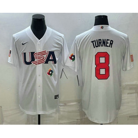Men's USA Baseball #8 Trea Turner 2023 White World Baseball Classic Stitched Jerseys Men's USA Baseball #8 Trea Turner 2023 White World Baseball Classic Stitched Jerseys