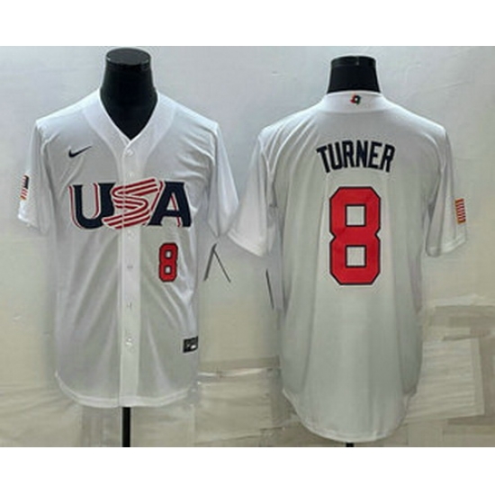 Men's USA Baseball #8 Trea Turner Number 2023 White World Baseball Classic Stitched Jersey Men's USA Baseball #8 Trea Turner Number 2023 White World Baseball Classic Stitched Jersey