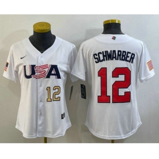 Womens USA Baseball 12 Kyle Schwarber Number 2023 White World Classic Stitched Jerseys Womens USA Baseball 12 Kyle Schwarber Number 2023 White World Classic Stitched Jerseys