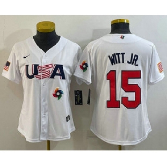 Womens USA Baseball 15 Bobby Witt Jr 2023 White World Classic Replica Stitched Jersey Womens USA Baseball 15 Bobby Witt Jr 2023 White World Classic Replica Stitched Jersey