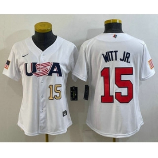 Womens USA Baseball 15 Bobby Witt Jr Number 2023 White World Classic Replica Stitched Jerseys Womens USA Baseball 15 Bobby Witt Jr Number 2023 White World Classic Replica Stitched Jerseys