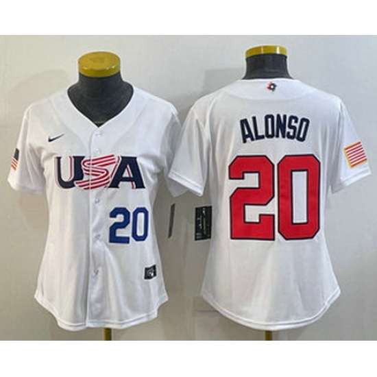 Women's USA Baseball #20 Pete Alonso Number 2023 White World Classic Stitched Jersey I Women's USA Baseball #20 Pete Alonso Number 2023 White World Classic Stitched Jersey I