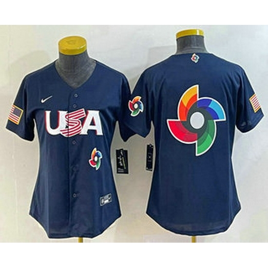 Women's USA Baseball 2023 Navy Big Logo With Patch World Classic Stitched Jersey Women's USA Baseball 2023 Navy Big Logo With Patch World Classic Stitched Jersey