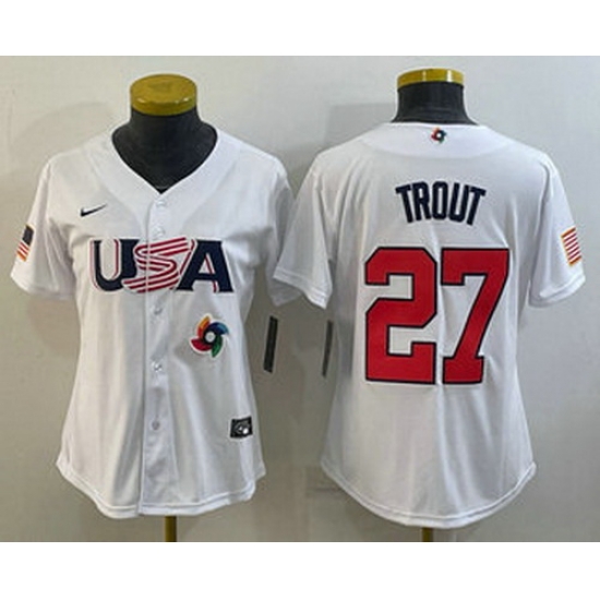 Women's USA Baseball #27 Mike Trout 2023 White World Classic Replica Stitched Jersey I Women's USA Baseball #27 Mike Trout 2023 White World Classic Replica Stitched Jersey I