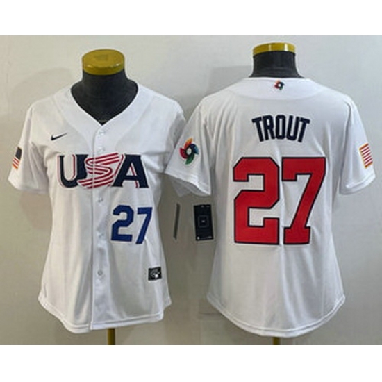 Womens USA Baseball #27 Mike Trout Number 2023 White World Classic Replica Stitched Jersey Womens USA Baseball #27 Mike Trout Number 2023 White World Classic Replica Stitched Jersey