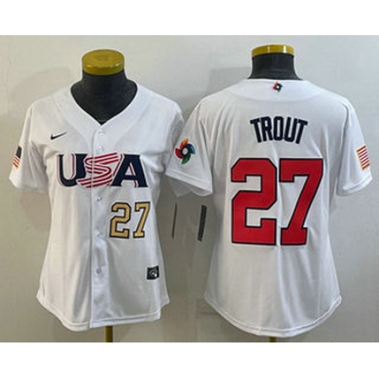 Women's USA Baseball #27 Mike Trout Number 2023 White World Classic Replica Stitched Jerseys Women's USA Baseball #27 Mike Trout Number 2023 White World Classic Replica Stitched Jerseys