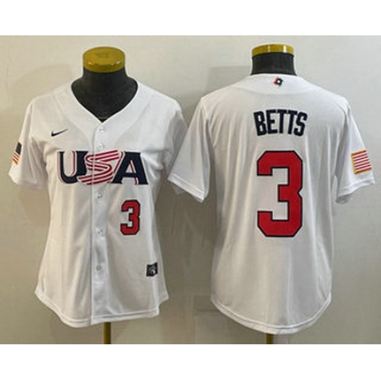 Women's USA Baseball #3 Mookie Betts Number 2023 White World Classic Replica Stitched Jerseys Women's USA Baseball #3 Mookie Betts Number 2023 White World Classic Replica Stitched Jerseys