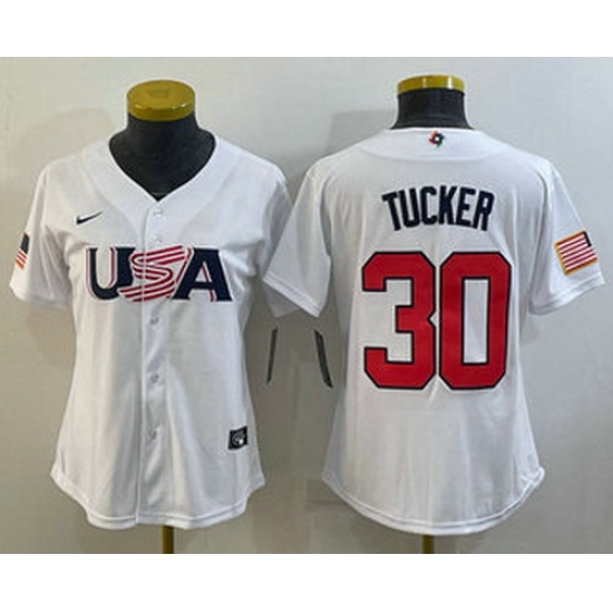 Women's USA Baseball #30 Kyle Tucker 2023 White World Classic Stitched Jersey Women's USA Baseball #30 Kyle Tucker 2023 White World Classic Stitched Jersey