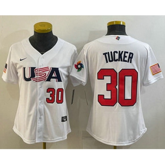Women's USA Baseball #30 Kyle Tucker Number 2023 White World Classic Stitched Jerseys Women's USA Baseball #30 Kyle Tucker Number 2023 White World Classic Stitched Jerseys