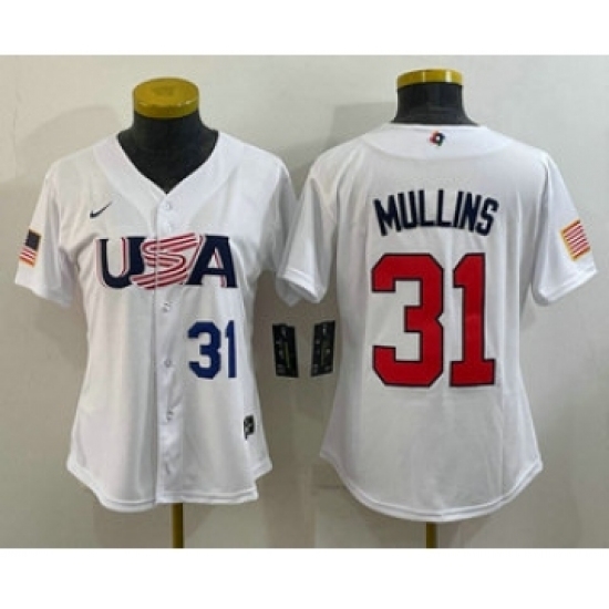 Womens USA Baseball 31 Cedric Mullins Number 2023 White World Classic Stitched Jerseys Womens USA Baseball 31 Cedric Mullins Number 2023 White World Classic Stitched Jerseys