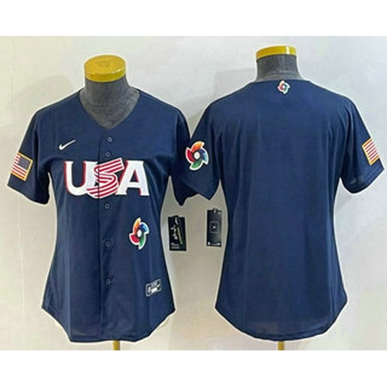 Women's USA Baseball Blank 2023 Navy World Classic Stitched Jerseys Women's USA Baseball Blank 2023 Navy World Classic Stitched Jerseys