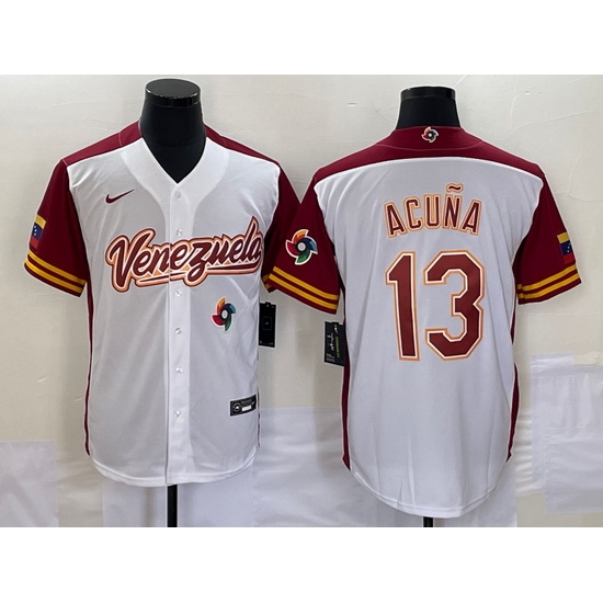 Men's Venezuela Baseball #13 Ronald Acuna Jr 2023 White Red World Classic Stitched Jersey Men's Venezuela Baseball #13 Ronald Acuna Jr 2023 White Red World Classic Stitched Jersey