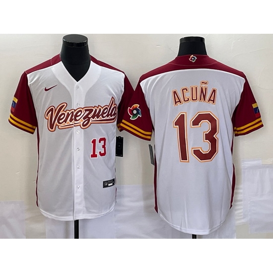 Men's Venezuela Baseball #13 Ronald Acuna Jr Number 2023 White Red World Classic Stitched Jersey Men's Venezuela Baseball #13 Ronald Acuna Jr Number 2023 White Red World Classic Stitched Jersey
