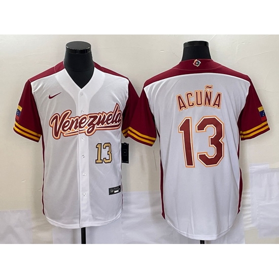 Men's Venezuela Baseball #13 Ronald Acuna Jr Number 2023 White Red World Classic Stitched Jerseys Men's Venezuela Baseball #13 Ronald Acuna Jr Number 2023 White Red World Classic Stitched Jerseys