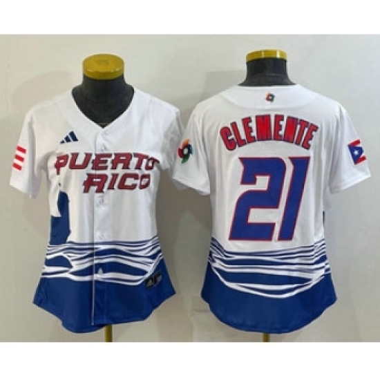 Womens Puerto Rico Baseball 21 Roberto Clemente 2023 White World Classic Stitched Jerseys Womens Puerto Rico Baseball 21 Roberto Clemente 2023 White World Classic Stitched Jerseys