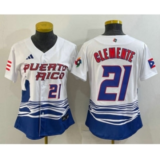 Womens Puerto Rico Baseball 21 Roberto Clemente Number 2023 White World Classic Stitched Jerseys Womens Puerto Rico Baseball 21 Roberto Clemente Number 2023 White World Classic Stitched Jerseys