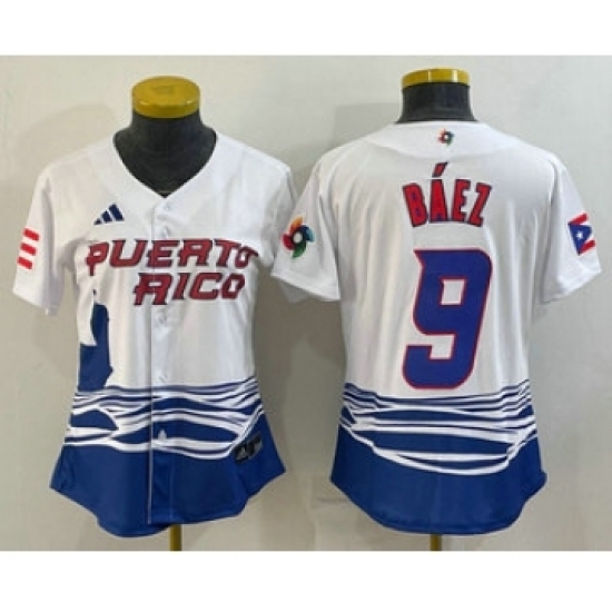 Womens Puerto Rico Baseball 9 Javier Baez White 2023 World Baseball Classic Stitched Jersey Womens Puerto Rico Baseball 9 Javier Baez White 2023 World Baseball Classic Stitched Jersey