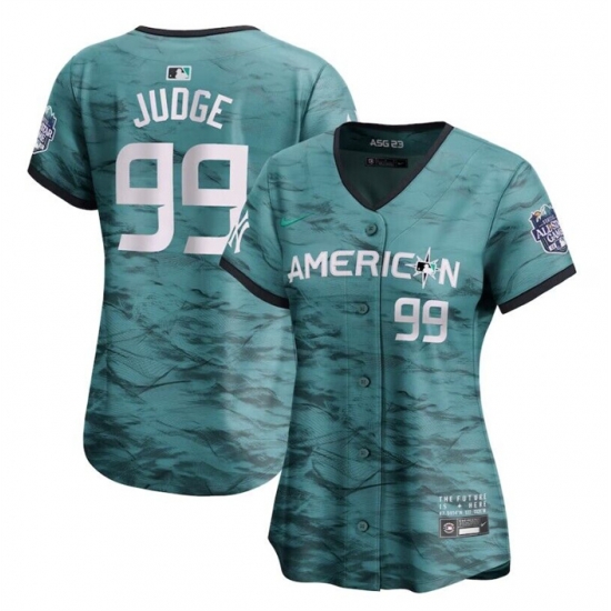 Women New York Yankees 99 Aaron Judge Teal 2023 Alls Star Cool Base Stitched Jersey Women New York Yankees 99 Aaron Judge Teal 2023 Alls Star Cool Base Stitched Jersey