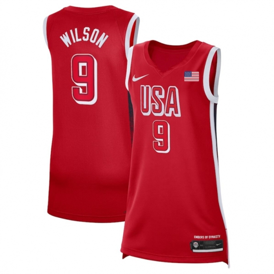 Women USA Basketball 9 A 27ja Wilson Red 2024 Swingman Stitched Jersey Women USA Basketball 9 A 27ja Wilson Red 2024 Swingman Stitched Jersey