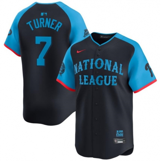 Men National League 7 Trea Turner Navy 2024 All Star Limited Stitched Baseball Jersey Men National League 7 Trea Turner Navy 2024 All Star Limited Stitched Baseball Jersey