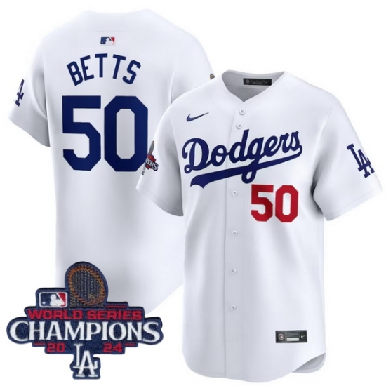 Youth Nike Los Angeles Dodgers Mookie Betts #50 White Flex Base 2024 World Series Champions Stitched MLB Jersey Youth Nike Los Angeles Dodgers Mookie Betts #50 White Flex Base 2024 World Series Champions Stitched MLB Jersey